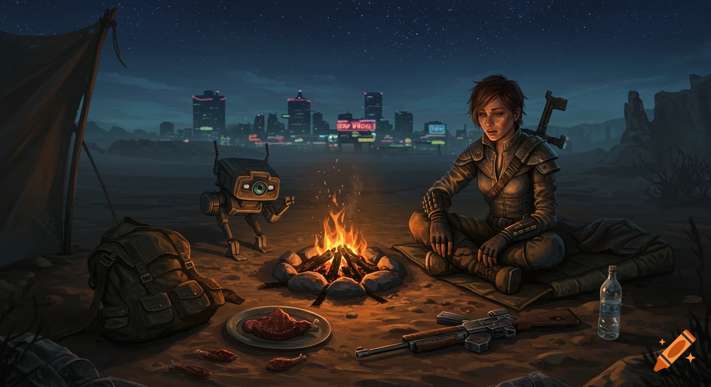 A female adventurer and her robot companion camp in a desert wasteland at night, with a distant futuristic city in the background.