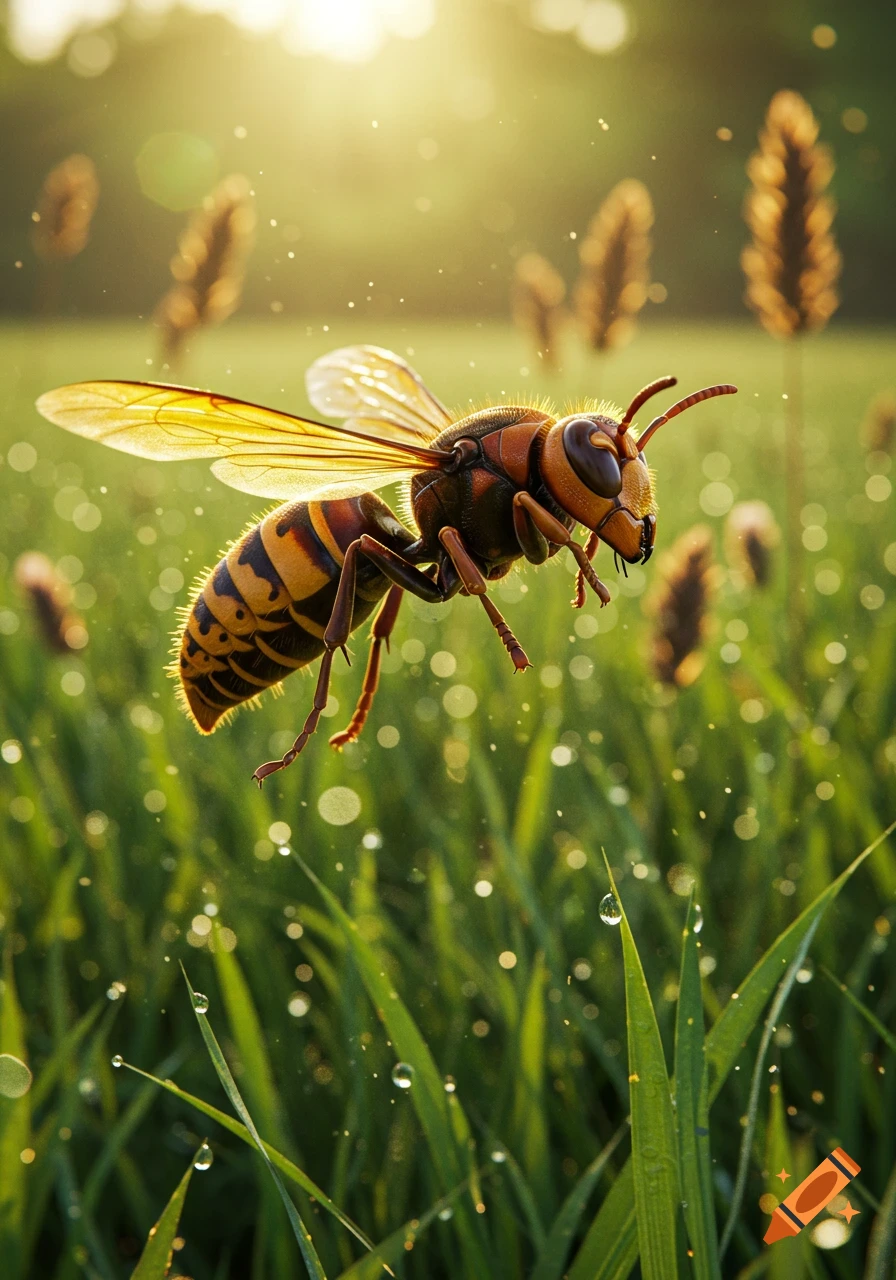 A close-up, photorealistic shot of a large hornet with orange and black stripes flying above dewy green grass at sunrise.