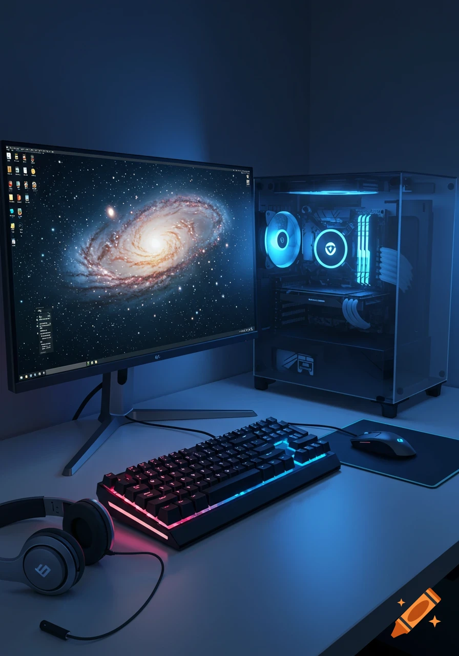 A glowing computer setup with a monitor displaying a galaxy, a transparent PC case with blue lights, an RGB keyboard, a mouse, and headphones on a desk.