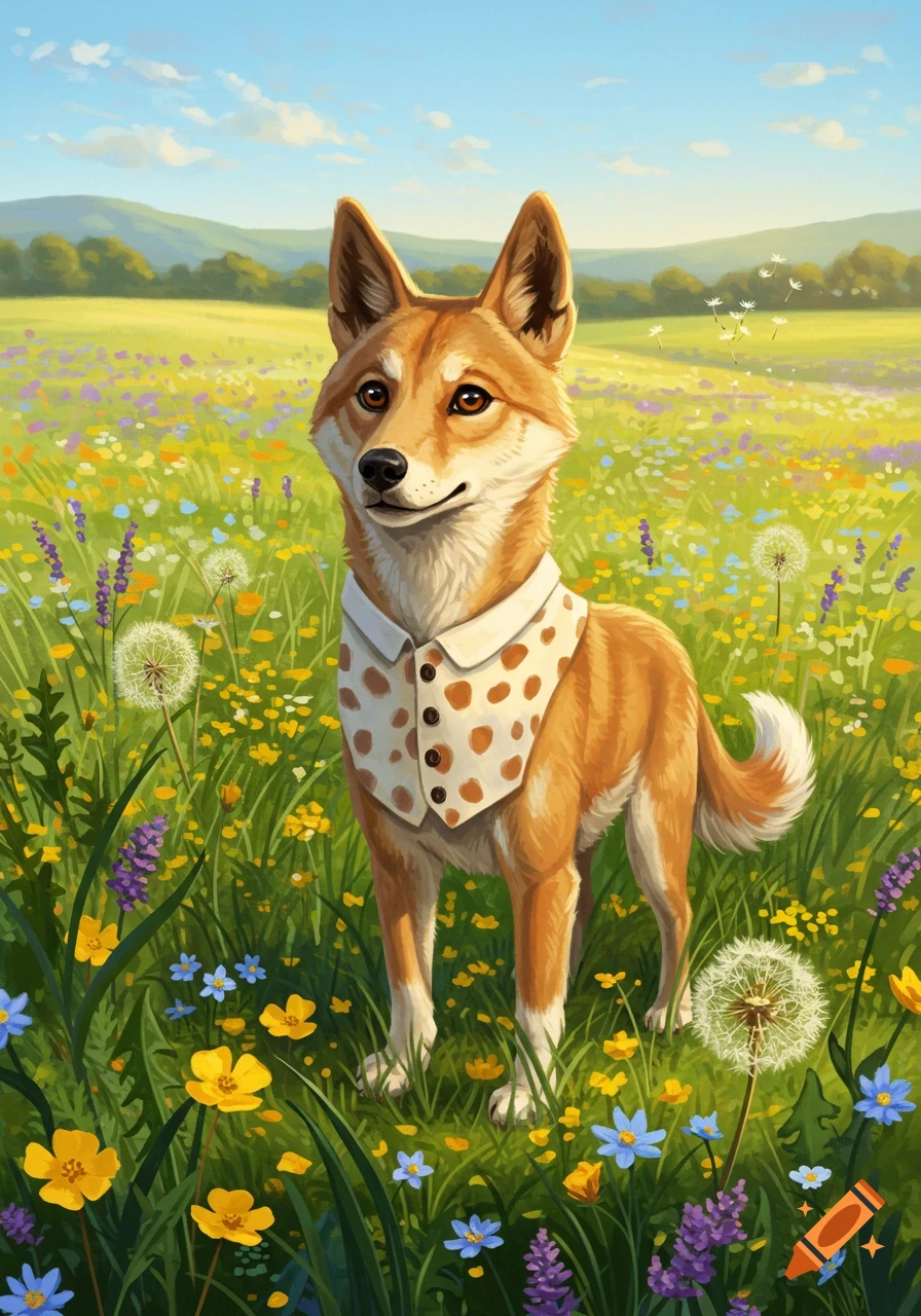 A whimsical dingo wearing a spotted waistcoat stands in a vibrant field of colorful wildflowers under a blue sky.
