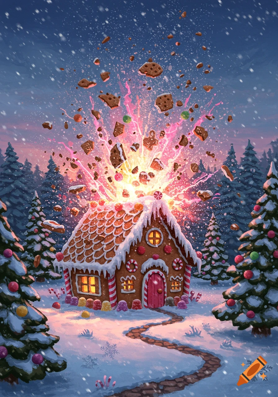A magical gingerbread house explodes in a snowy forest, sending cookies and candy into the twilight sky.
