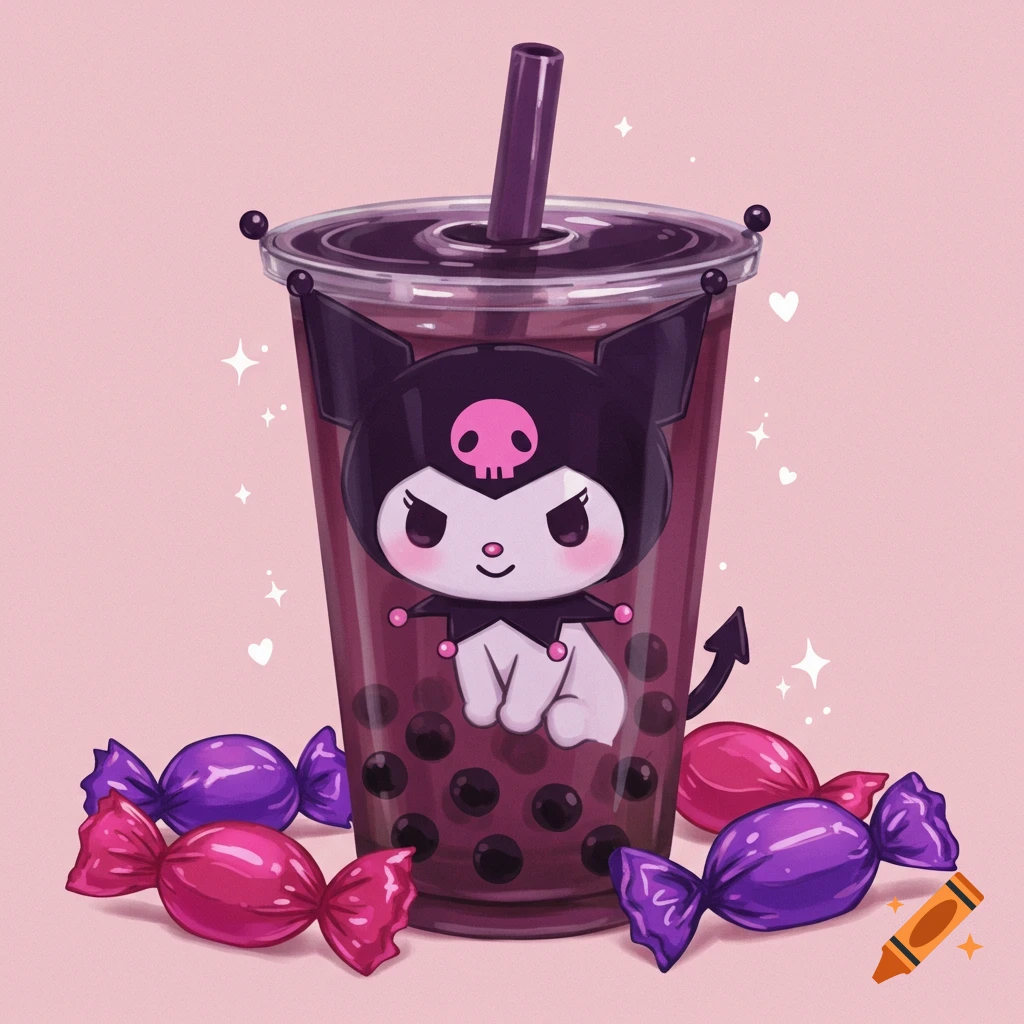 A dark purple Kuromi-themed boba tea with a pink background, surrounded by magenta and purple wrapped candies.