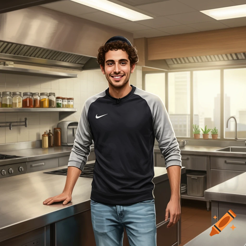 A smiling man with curly brown hair and a kippah in a black and grey Nike sweatshirt and light blue jeans, standing in a modern stainless steel kitchen.