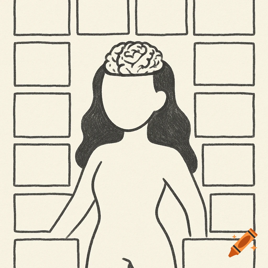 A minimalist 2D illustration of a faceless figure with an exposed brain, surrounded by blank rectangular boxes.
