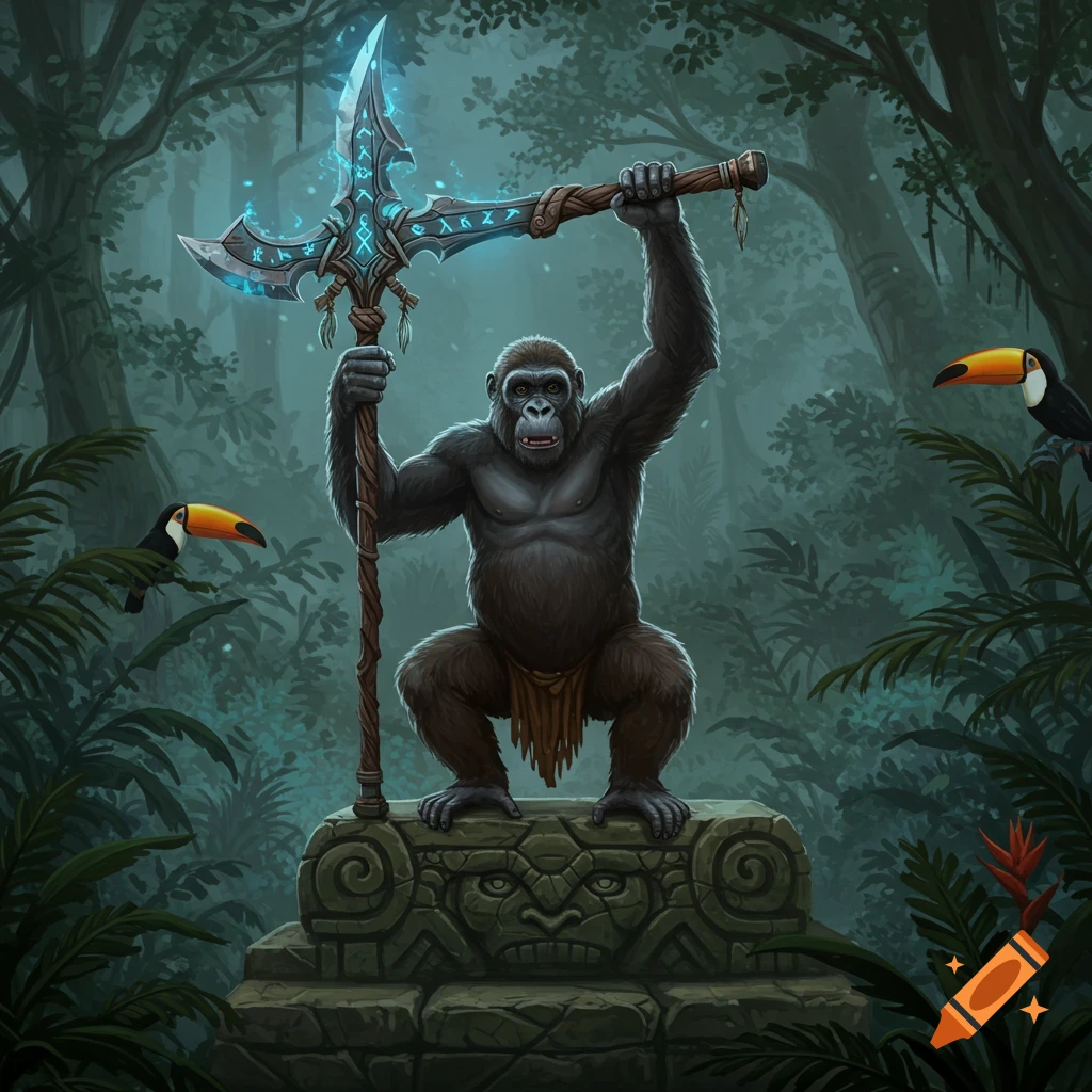 A powerful gorilla in a jungle holds a glowing, runic axe while standing on an ancient stone pedestal with toucans nearby.