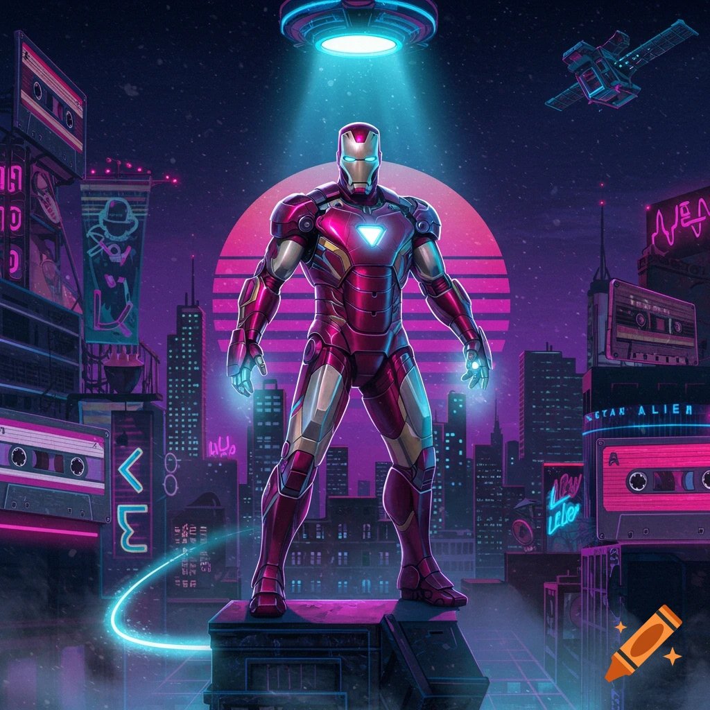 A retro-futuristic illustration of Iron Man standing on a platform, under a UFO beam, in a neon-lit 80s city.