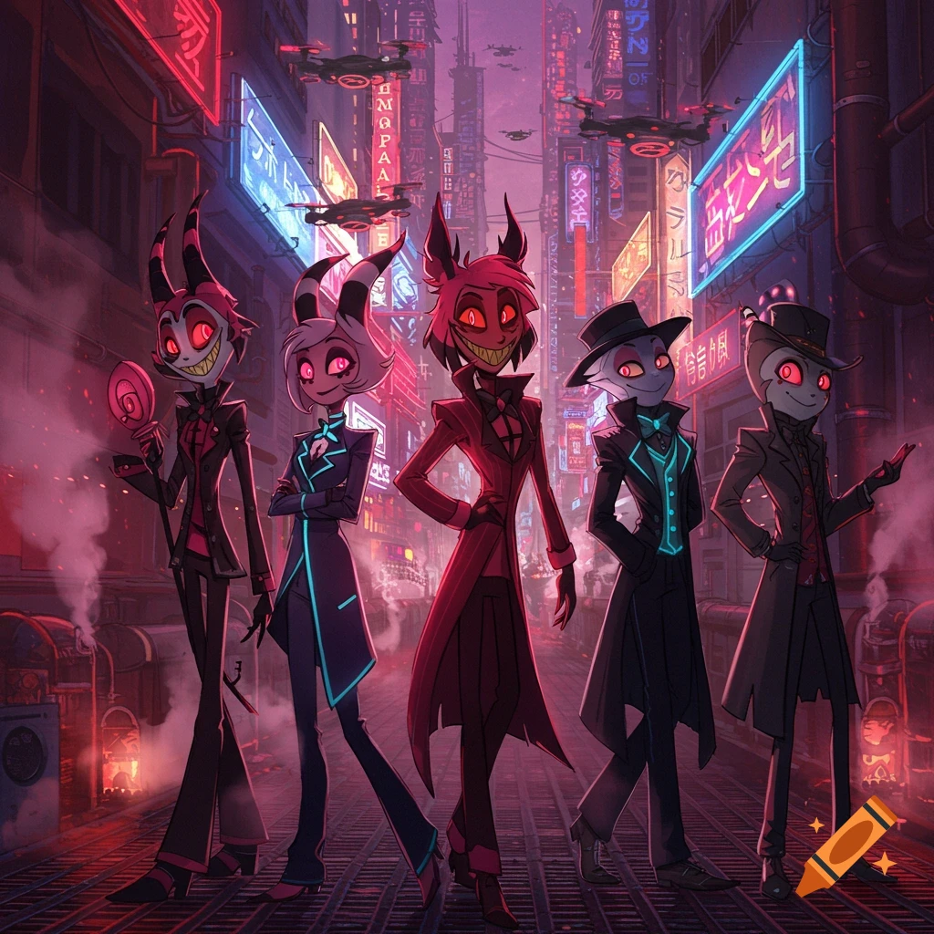 Five demon-like characters in suits stand in a futuristic cyberpunk city with neon signs.
