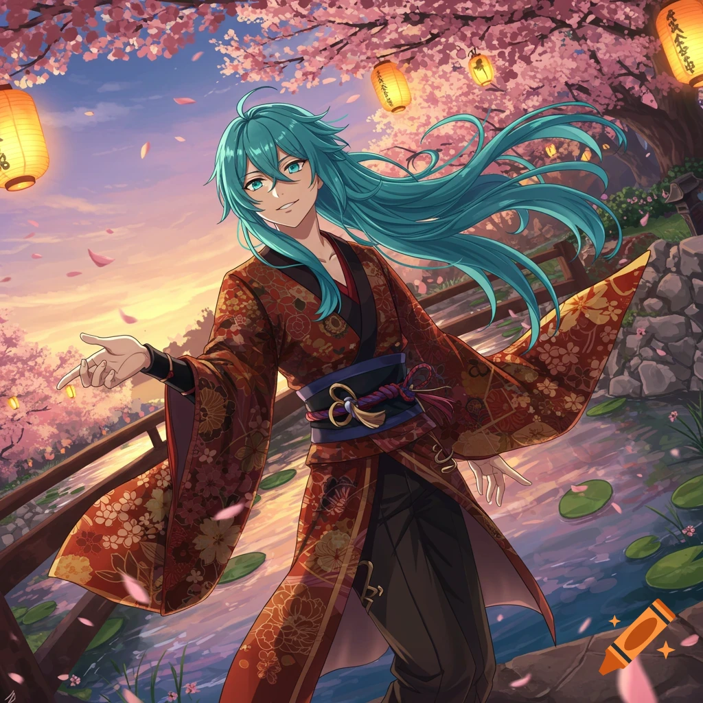 An anime man with teal hair in a red kimono smiles under cherry blossoms and lanterns at sunset.