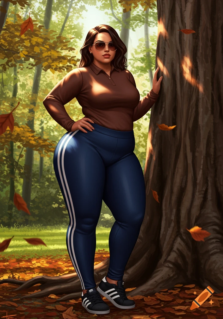 A plus-size woman in sunglasses, a brown shirt, and blue leggings stands by a tree in an autumn forest in a digital art style.