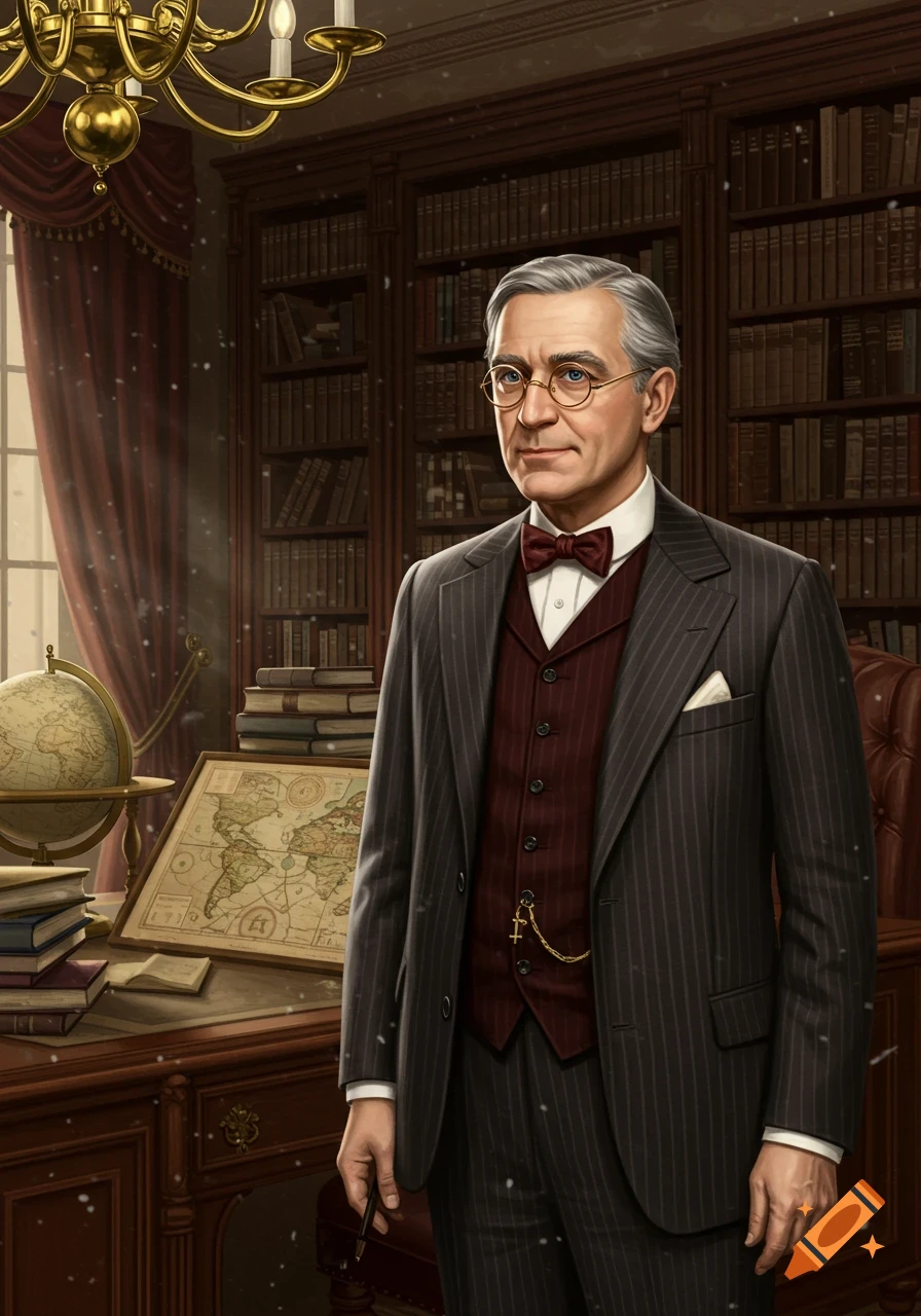 A distinguished 1920s professor with glasses stands in his study, a globe and map on the desk beside him.