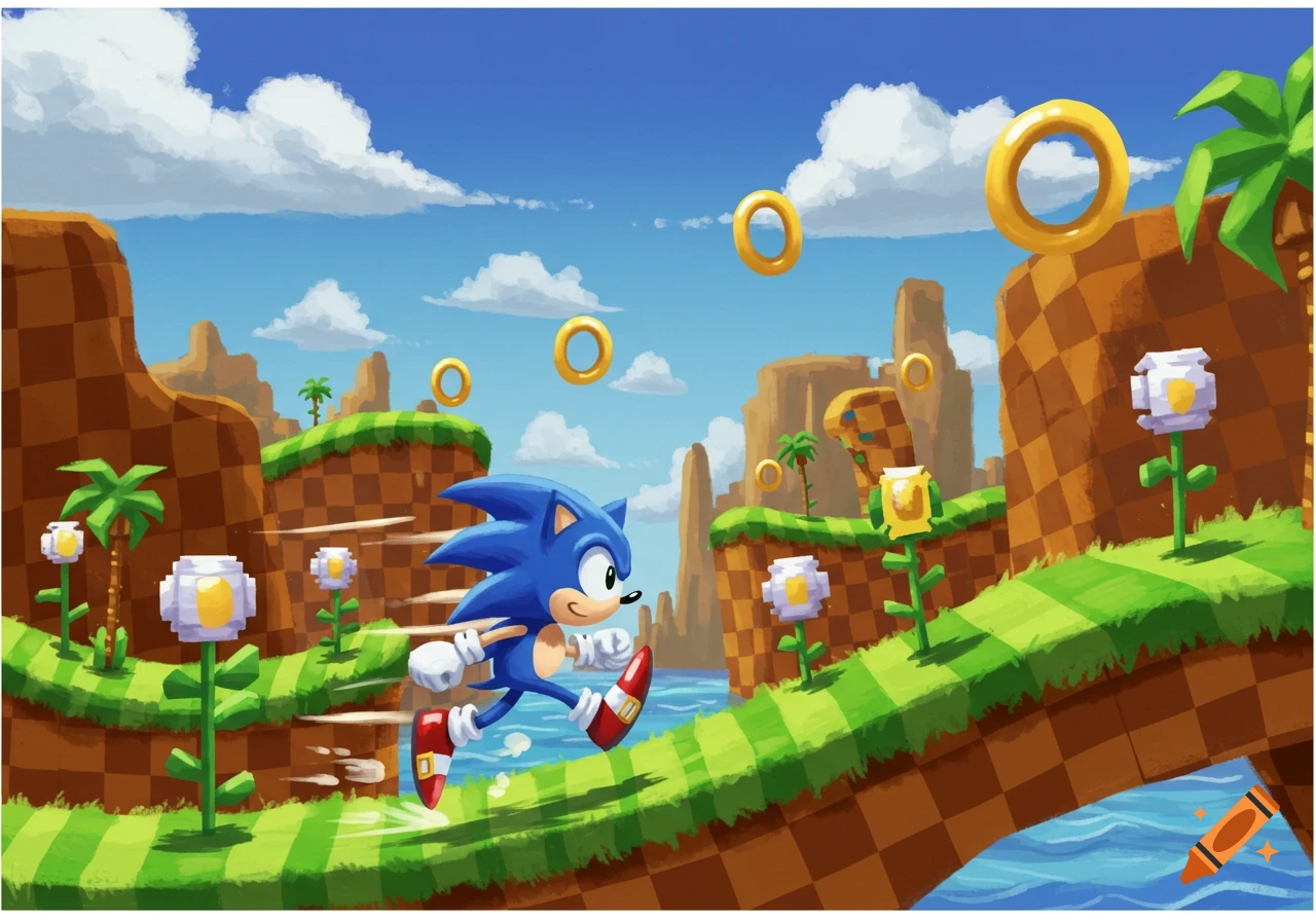 Sonic the Hedgehog runs at high speed through the iconic Green Hill Zone with checkered hills, palm trees, golden rings, and water, in a vibrant cartoon style.