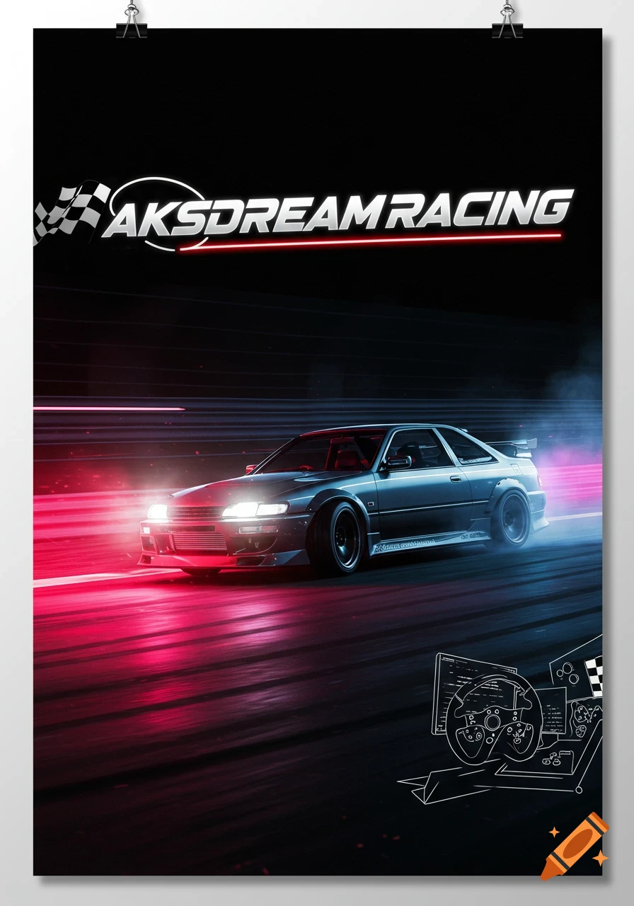 A futuristic poster for 'AKSDREAMRACING' shows a grey JDM car drifting on a neon red and blue track, with sim racing outlines.