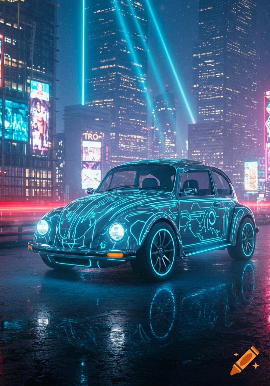 A Tron-themed Volkswagen Beetle with glowing blue circuits on a wet cyberpunk city street at night, surrounded by neon signs.
