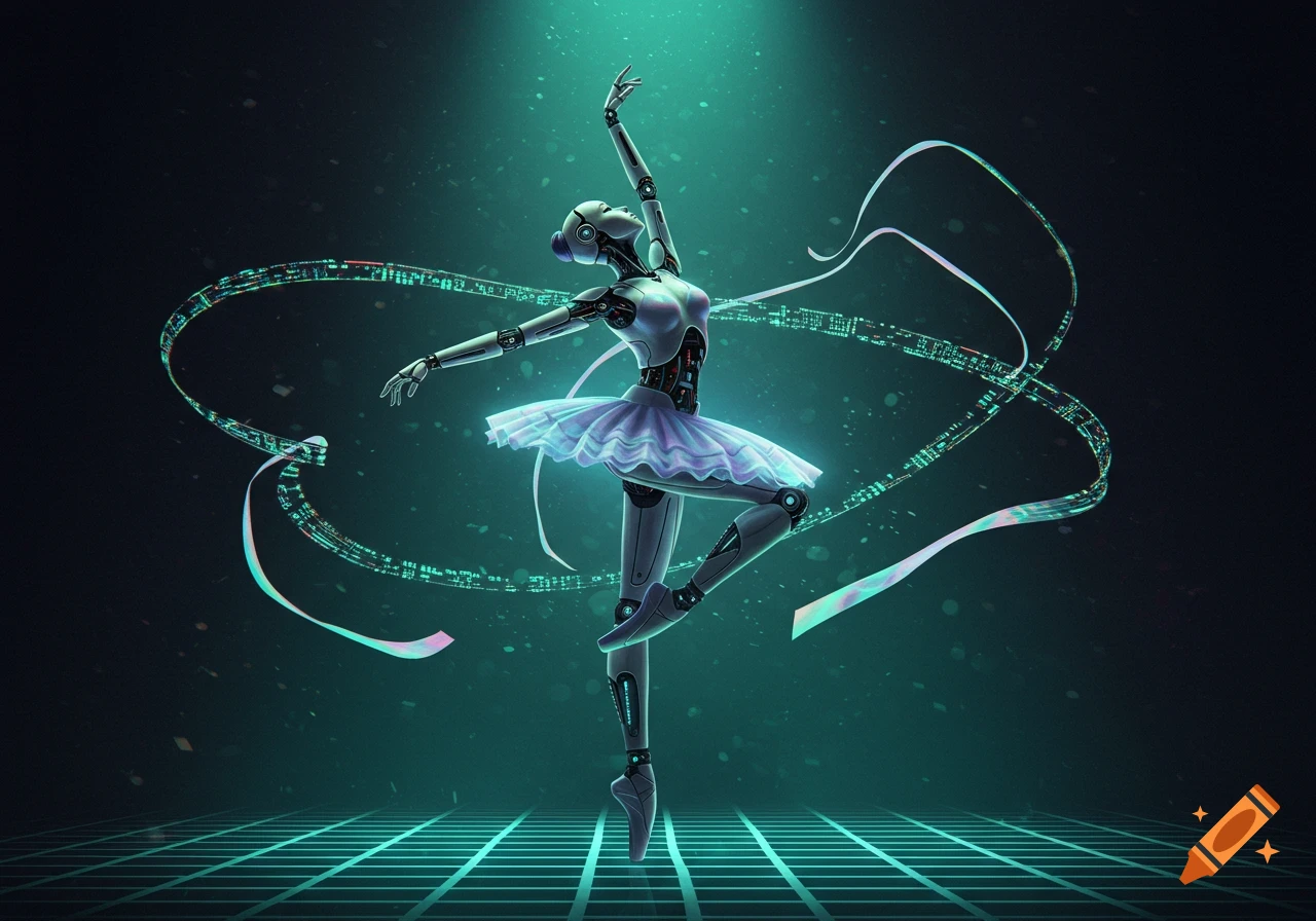 A cybernetic ballerina with glowing data ribbons dances en pointe on a neon grid floor under a spotlight. Digital art.