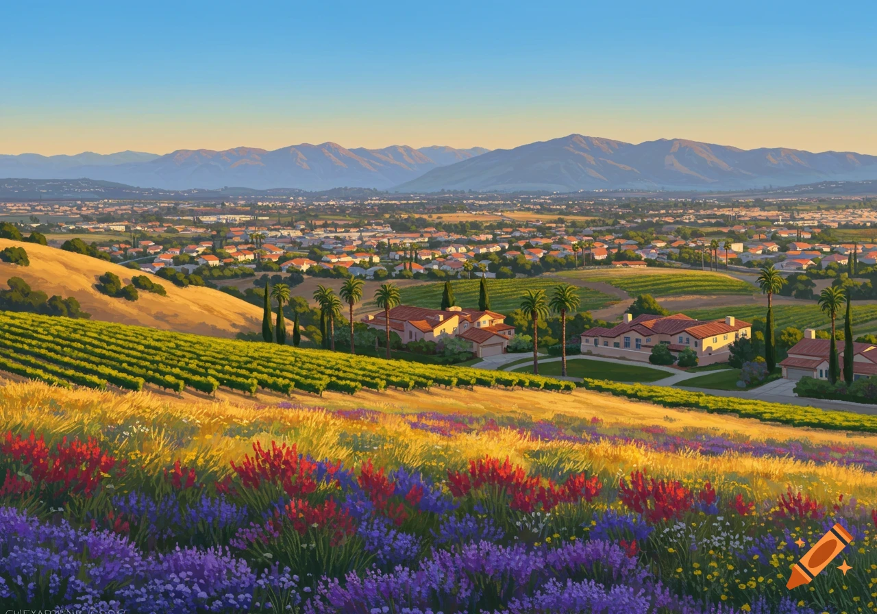 Vibrant stylized landscape of a town nestled among vineyards and rolling hills, with mountains in the distance and colorful flowers in the foreground.