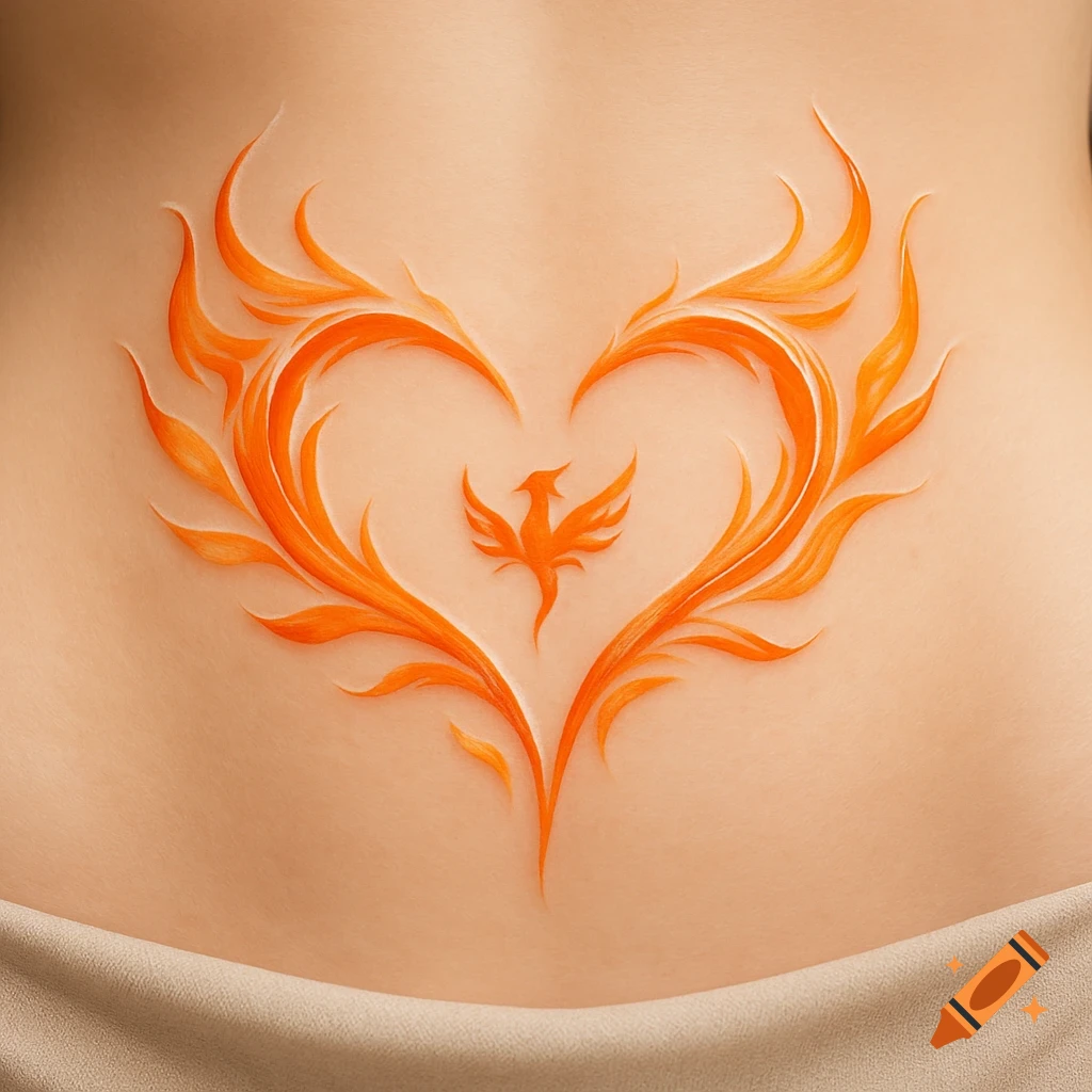 A vibrant orange, flame-like, heart-shaped tattoo featuring a small phoenix in its center, on a person's lower back.