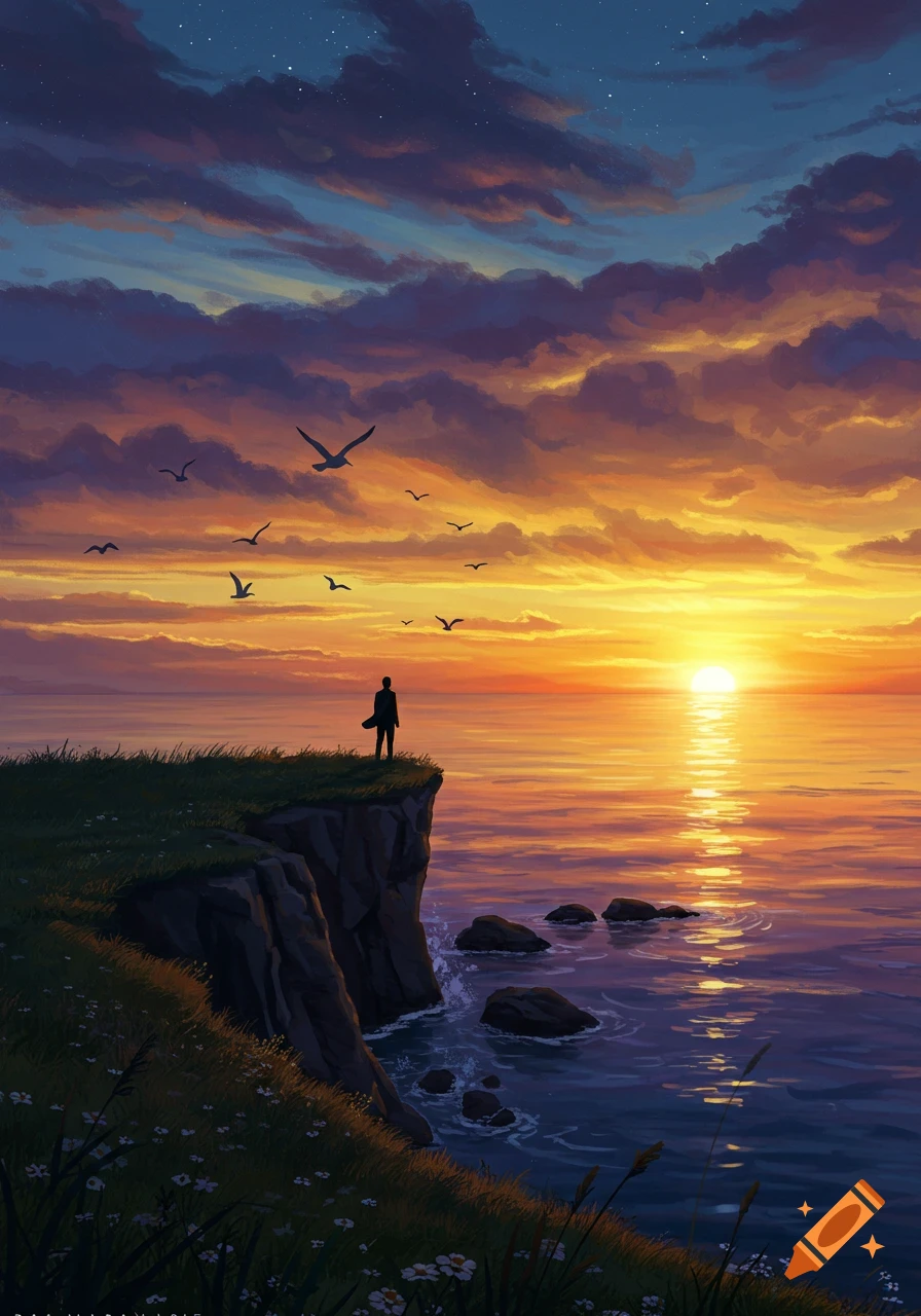 A person stands on a grassy cliff overlooking a vibrant orange and purple sunset over the ocean with birds flying.