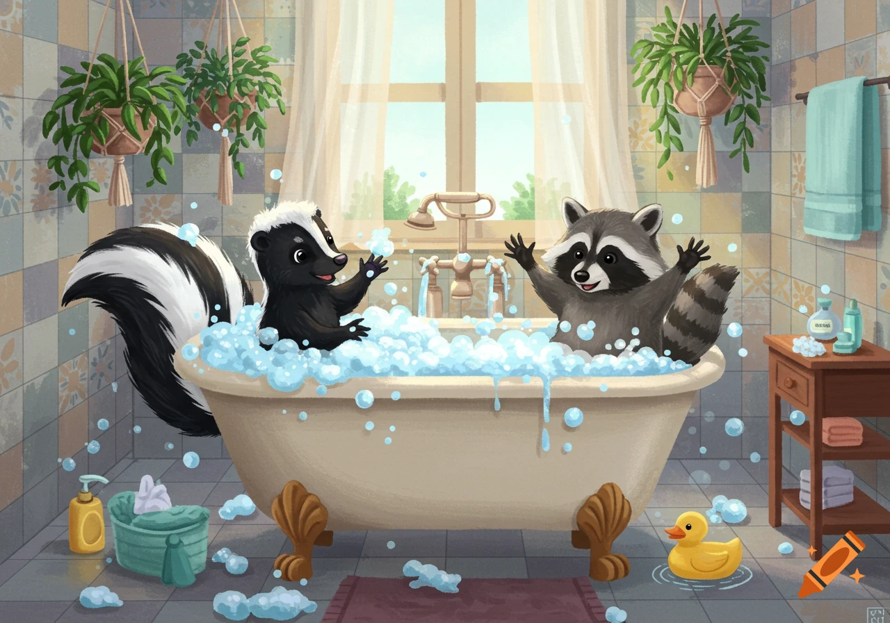 A cartoon skunk and raccoon happily taking a bubble bath in a cozy bathroom with hanging plants.