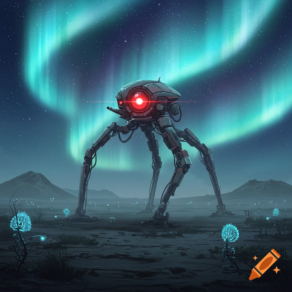 A large six-legged robot with a glowing red eye stands on a desolate alien planet under a vibrant green aurora borealis sky, with glowing plants on the ground.