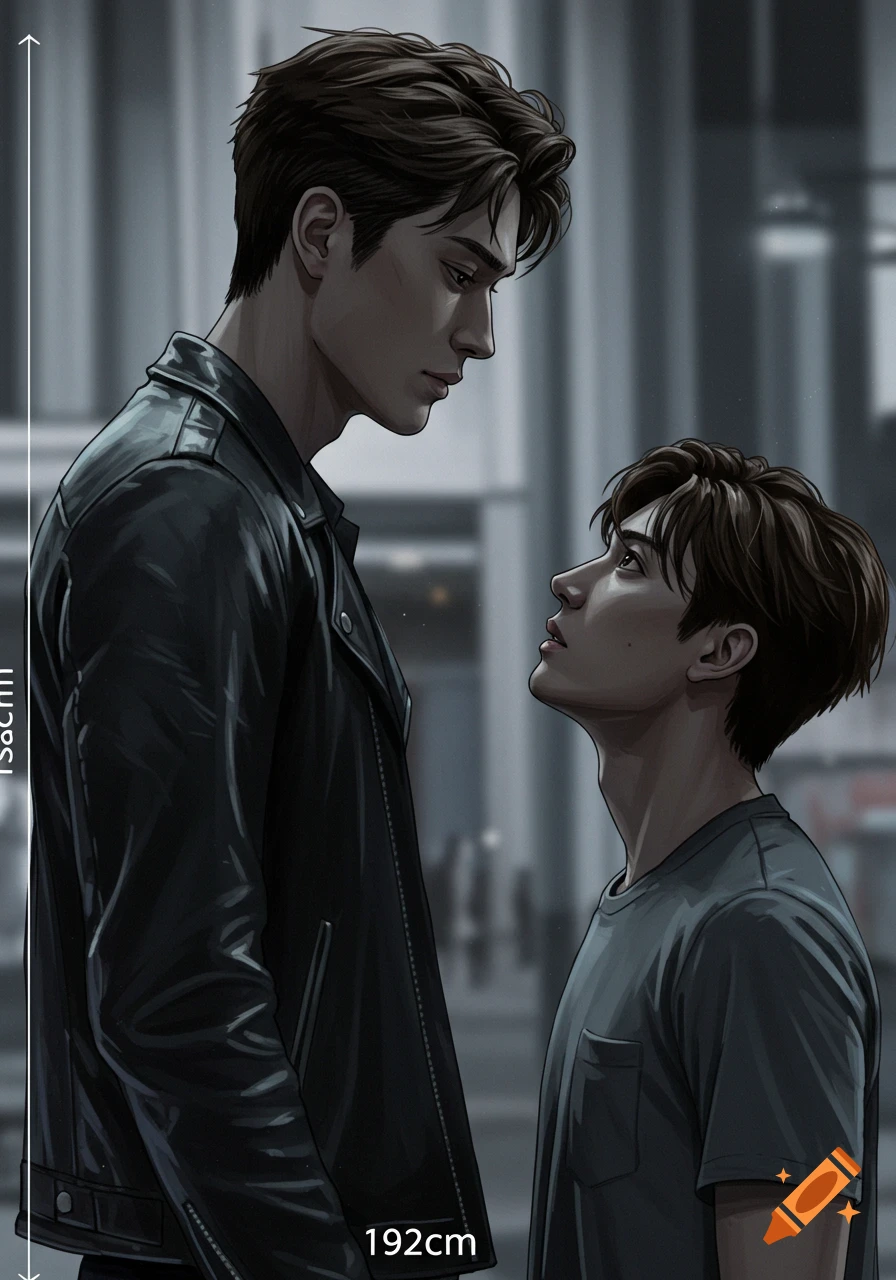 Stylized illustration of a tall man in a black jacket looking at a shorter man; heights 192cm and 180cm are marked.