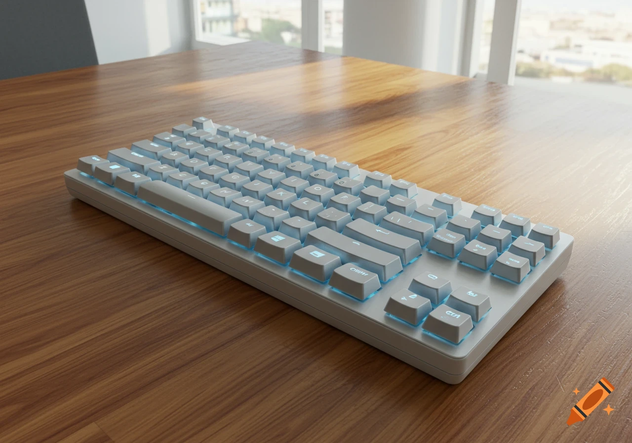 A white mechanical keyboard with blue backlighting sits on a wooden desk near a sunlit window.