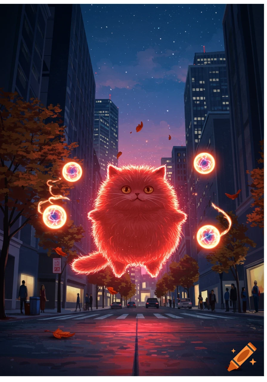 A fluffy, glowing red cat-like creature floats above a wet city street at night, surrounded by glowing orbs and autumn leaves.