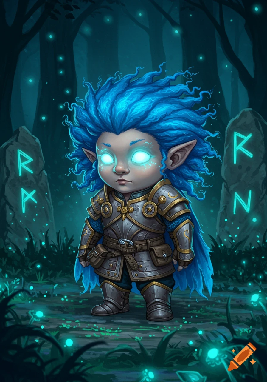 A cute armored gnome with glowing blue eyes and wild blue hair stands in a magical forest with glowing runes on stones in a digital art style.