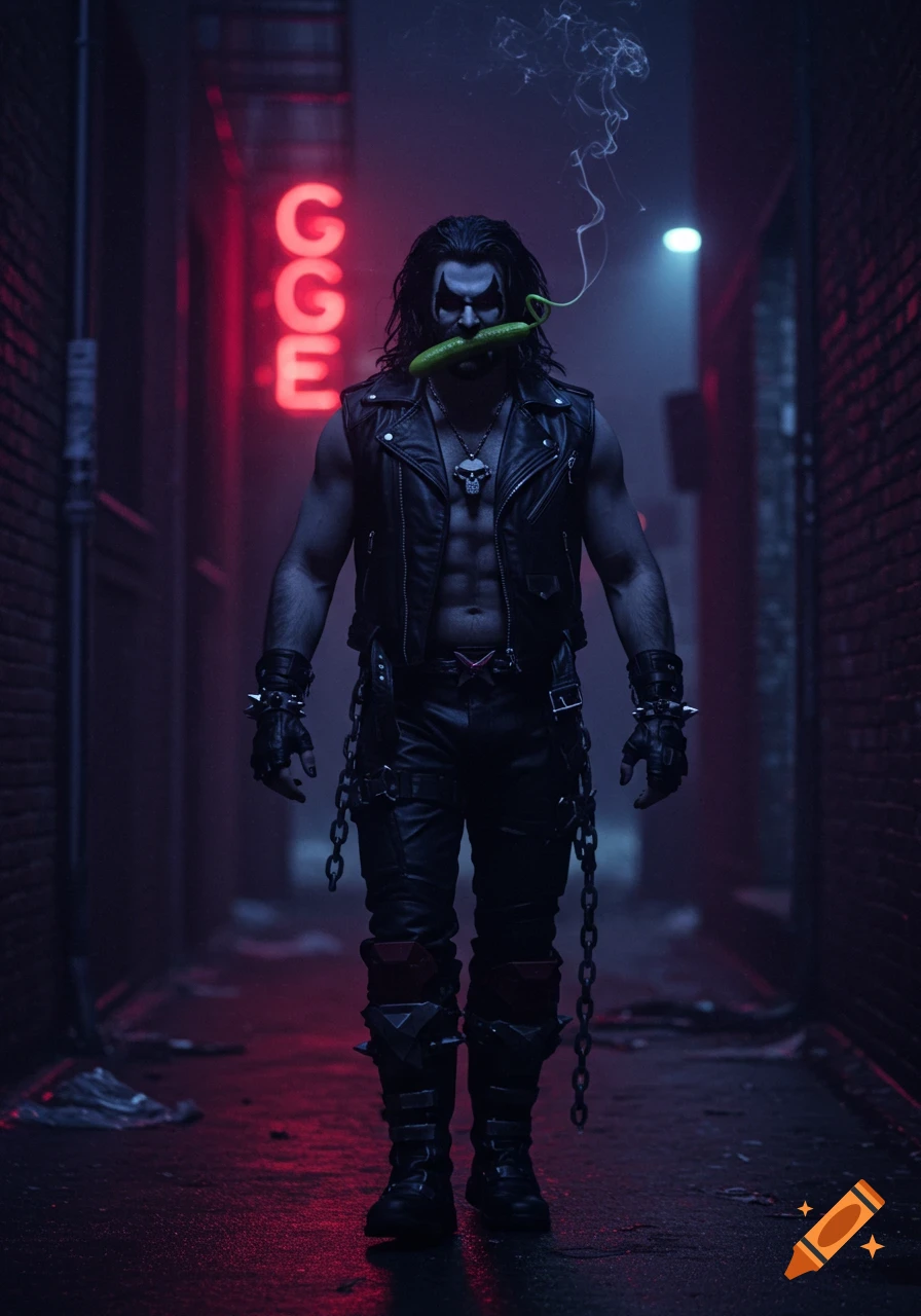 A dark, atmospheric full-body shot of Lobo in a black leather outfit with chains, smoking a green pickle in a neon-lit alley.