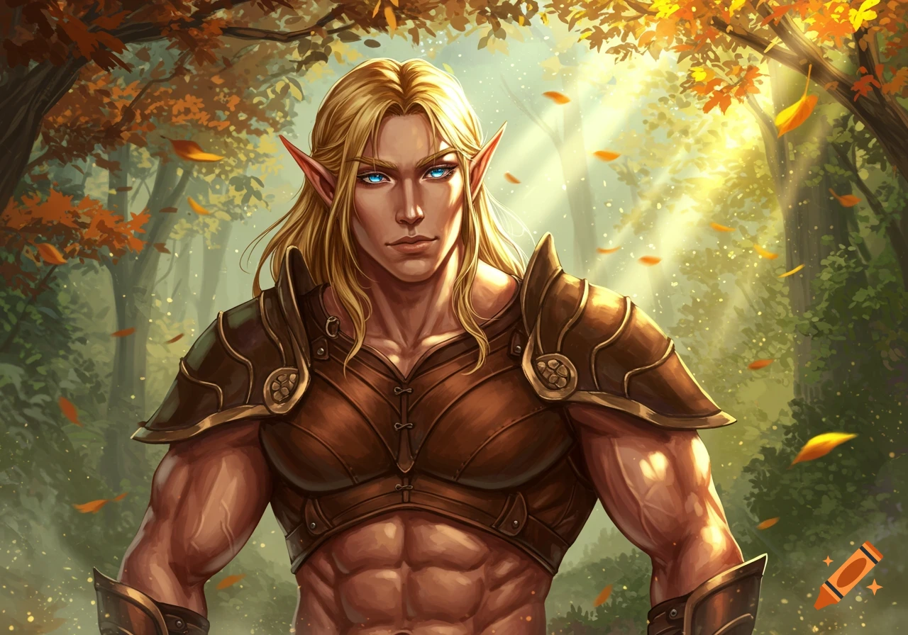 A muscular blonde elf with blue eyes and long hair, wearing leather armor, stands in a sunlit autumn forest.