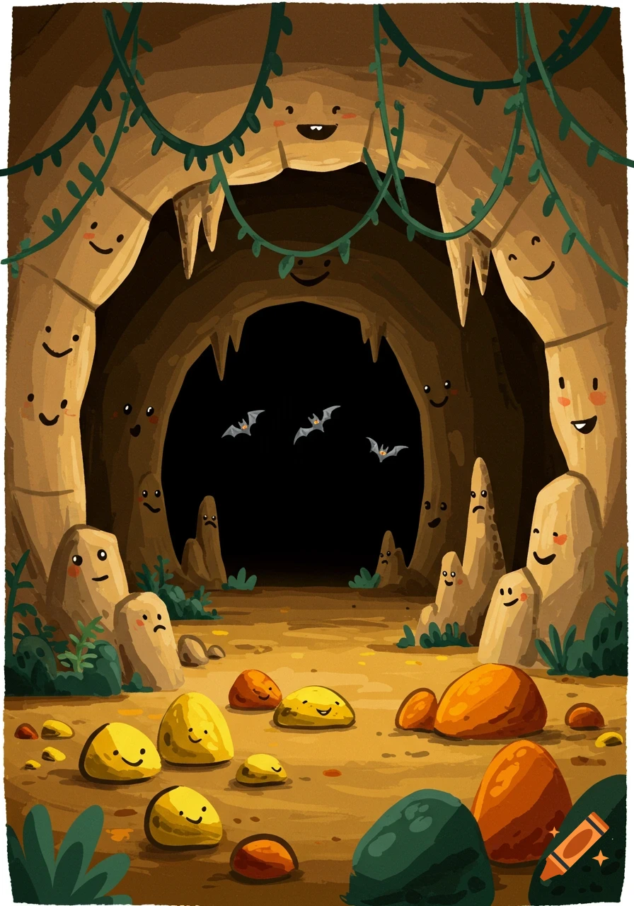 A charming cartoon illustration of a cave with smiling rock formations, glowing pebbles, and three bats flying in the dark opening. Vines hang from the cave ceiling.