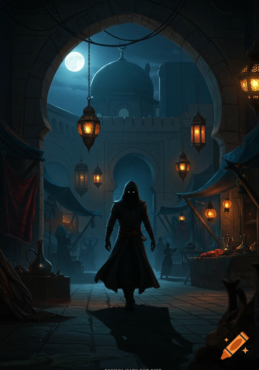 A cloaked figure with glowing eyes walks through a dark, moonlit Arabian marketplace with archways and hanging lanterns.