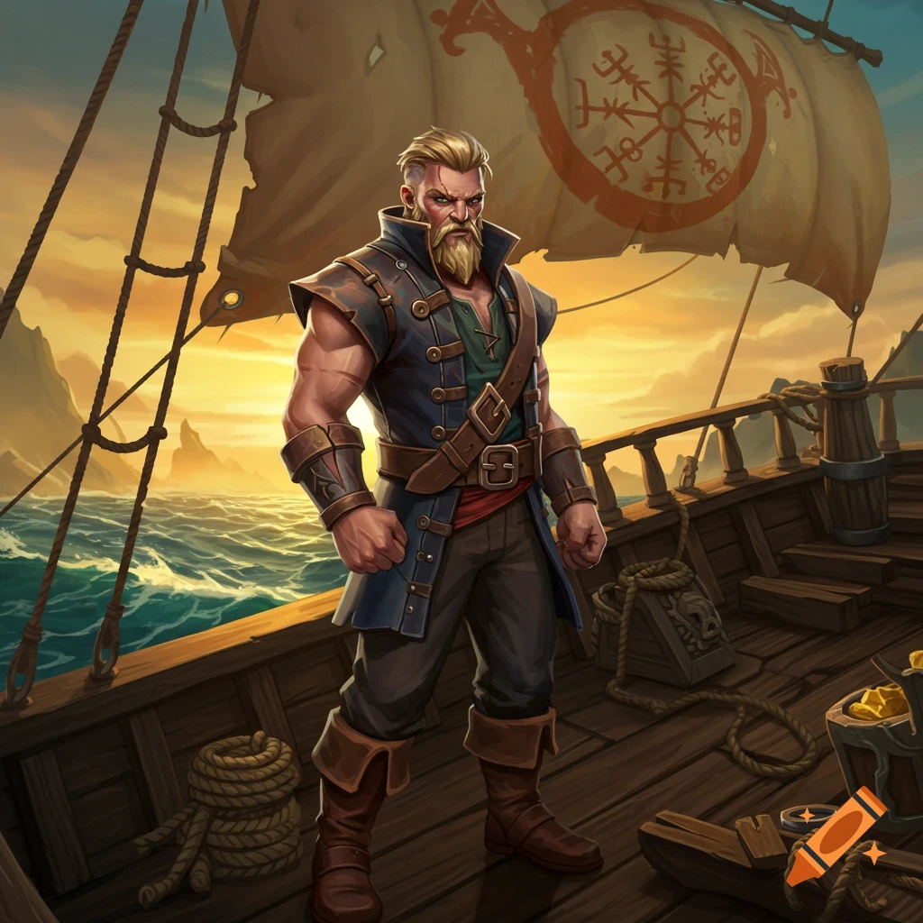 A stylized pirate with a blond beard and blue coat stands on a wooden ship deck at sunset, with a symbol on the sail.