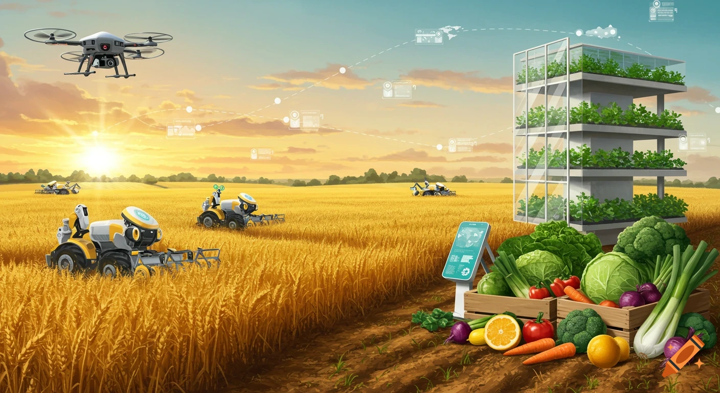 Robots and a drone farm a golden wheat field with a vertical farm building and fresh produce in the foreground, under a sunset sky.