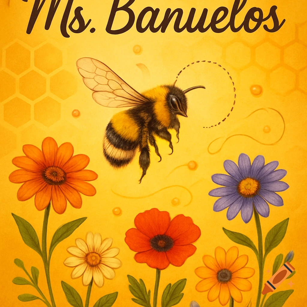 A vibrant illustration of a bumblebee flying above colorful flowers on a yellow background with 'Ms. Banuelos' at the top.