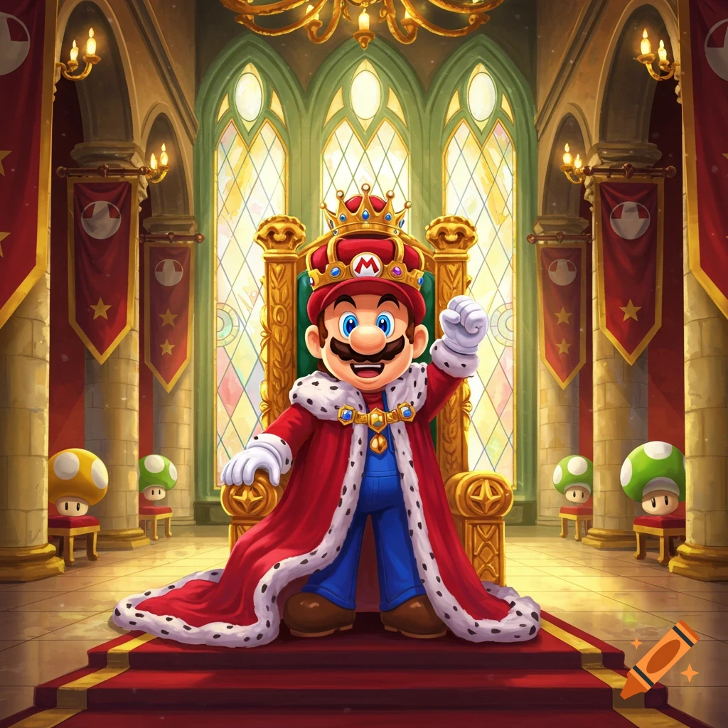 King Mario in a royal robe and crown sits on a golden throne within a grand castle, raising his fist.