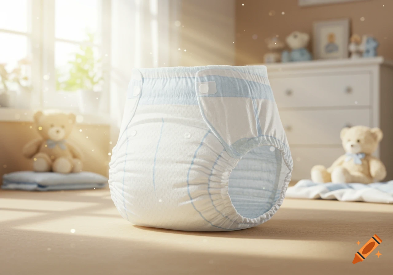 A clean white baby diaper with light blue stripes stands upright on a light brown carpet in a sunlit nursery with blurred teddy bears in the background.