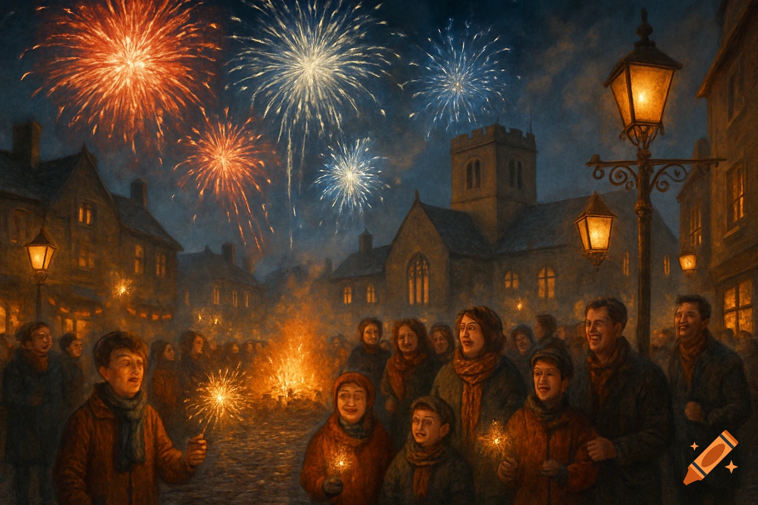 A painterly night scene of people, including children, celebrating with sparklers and bonfires in a town square, under a sky filled with colorful fireworks.