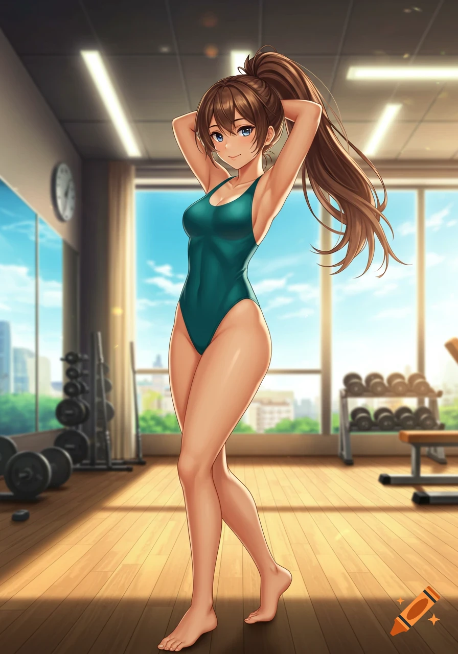 An anime girl with brown hair in a ponytail wearing a teal swimsuit stands in a sunny gym.