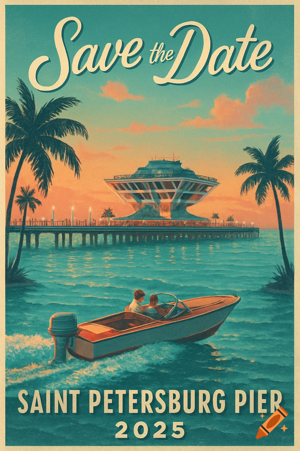Vintage postcard of Saint Petersburg Pier with a unique building, palm trees, and a speedboat, text reads 'Save the Date 2025'.