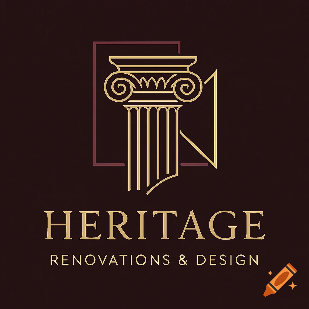 Logo for 'Heritage Renovations & Design' featuring a golden outline of a classical column within a maroon square.