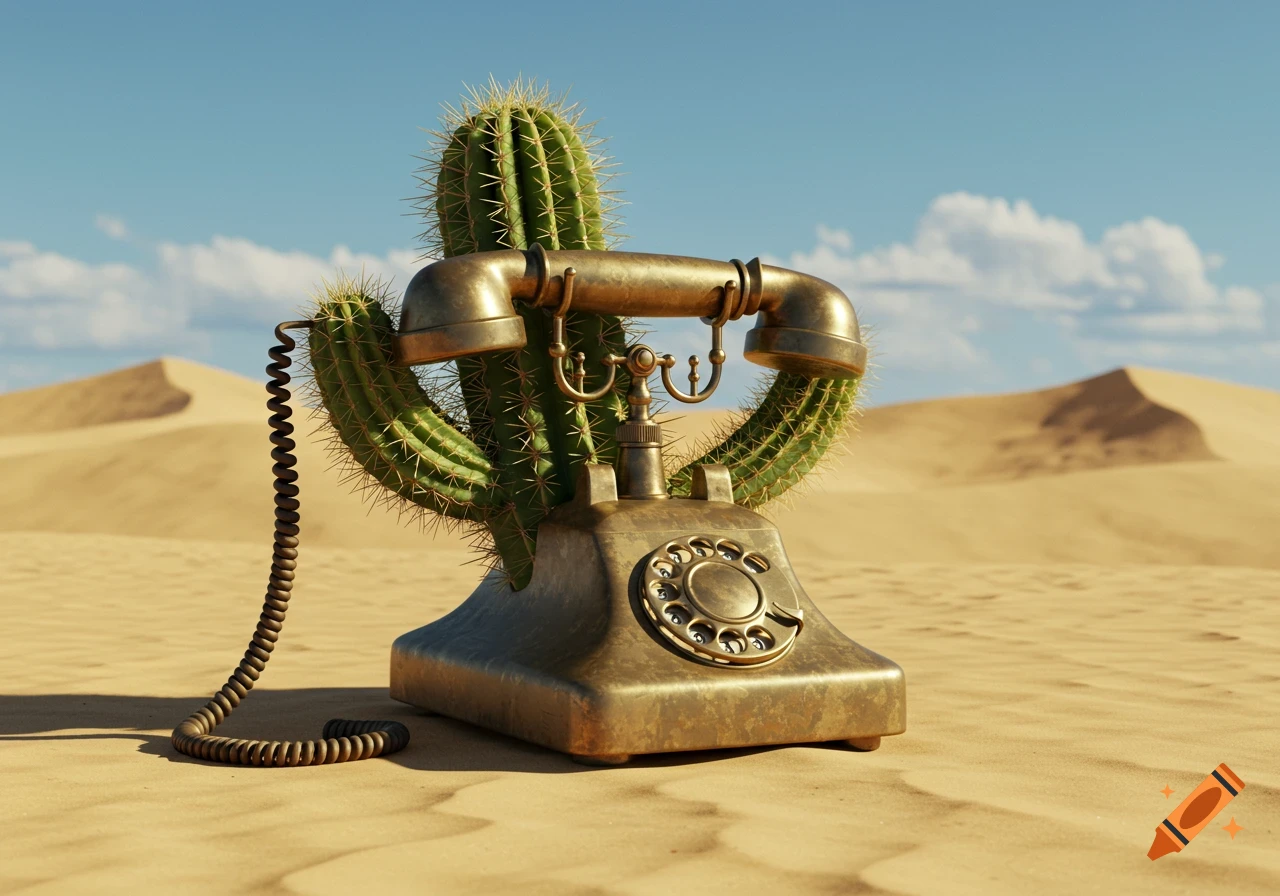 A bronze vintage telephone with a large cactus growing through its receiver cradle sits in a vast desert landscape under a blue sky.