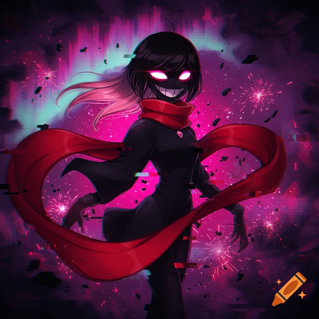 An anime-style character with black hair, glowing pink eyes, and a creepy smile, wearing a black outfit and a flowing red scarf, surrounded by pink glitch effects and sparkles on a dark background.