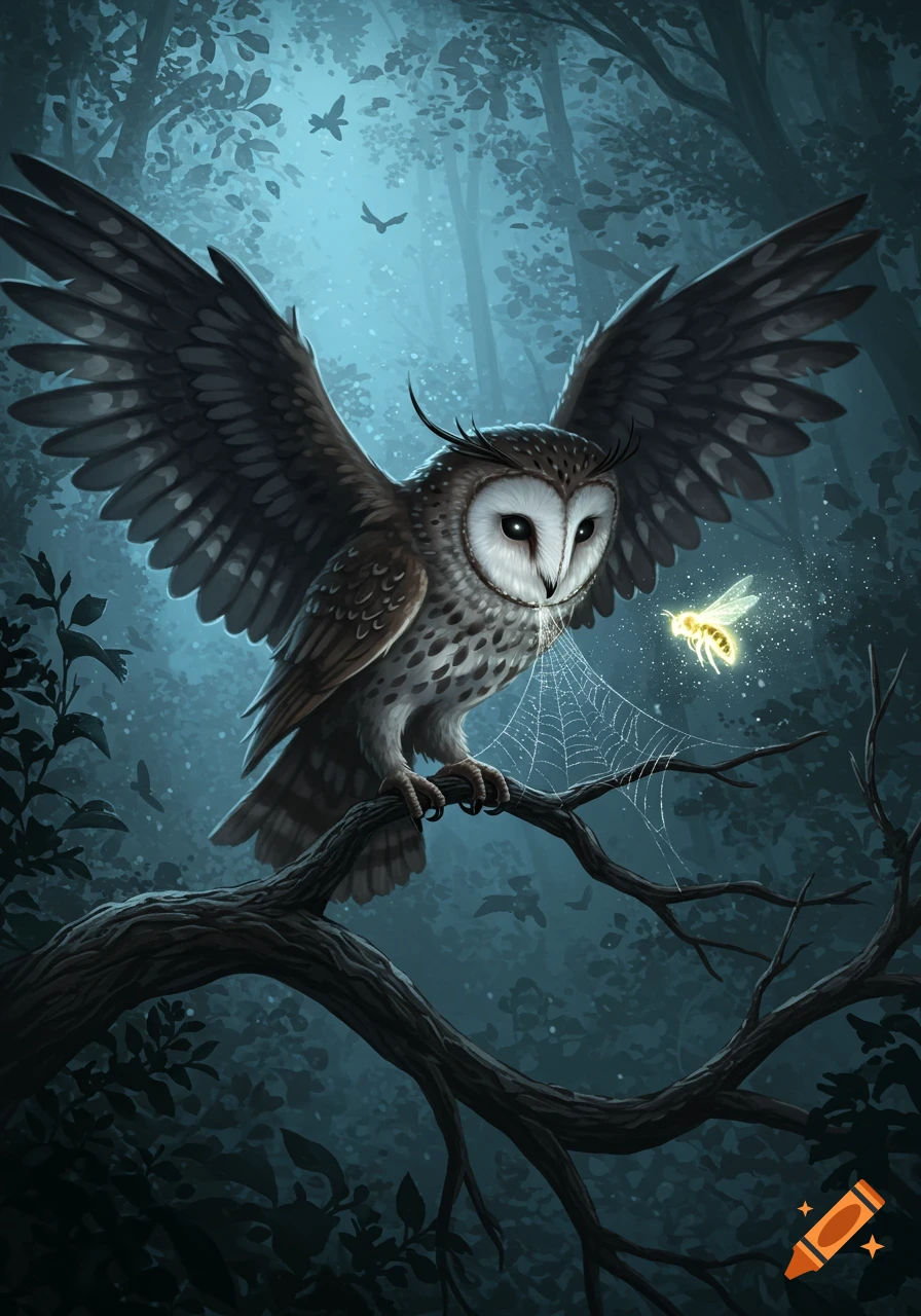 A majestic barn owl with outstretched wings perches on a dark branch in a mystical forest, looking at a glowing bee on a spider web.