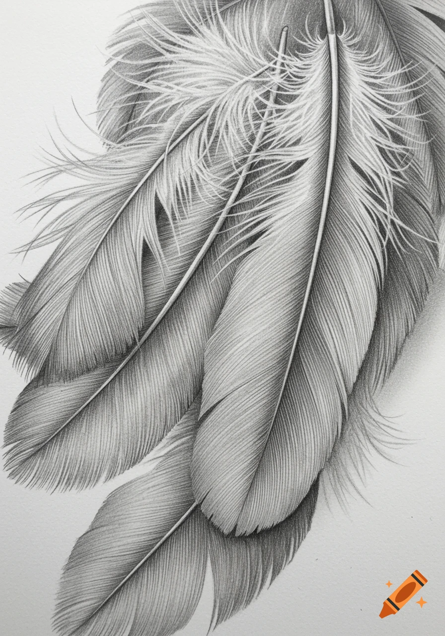 Detailed pencil drawing of several overlapping feathers on a white background.
