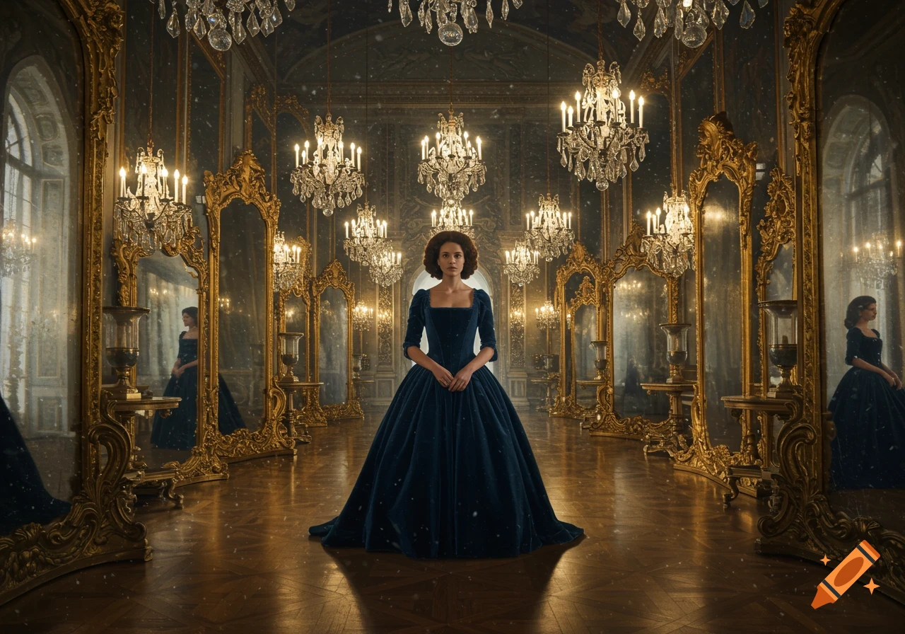 A woman in a dark blue historical dress stands in an opulent hall lined with ornate gilded mirrors and crystal chandeliers.