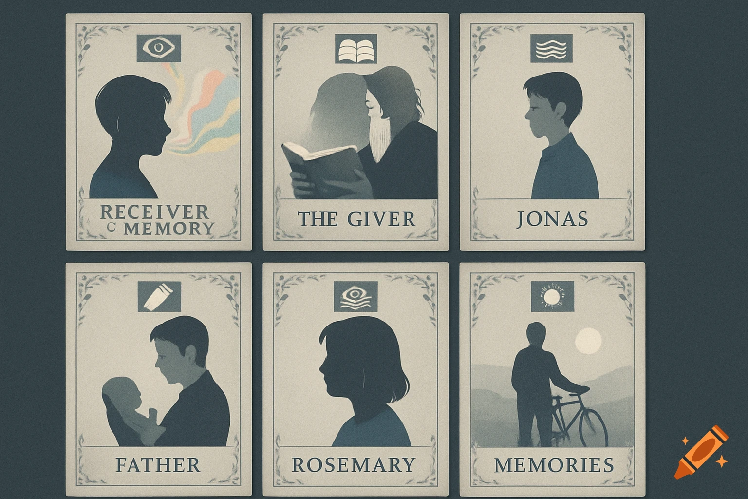 Six stylized silhouette cards from 'The Giver' on a dark background, each with a character or concept title and a symbol.