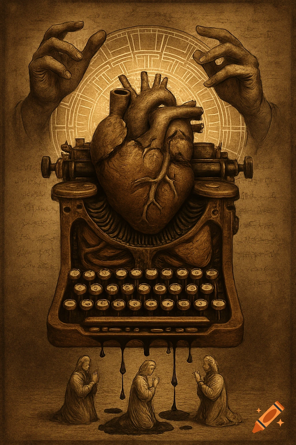 A surreal sepia-toned artwork showing a human heart fused with a rusty typewriter. Hands hover above, while black ink drips below to form tiny praying figures.