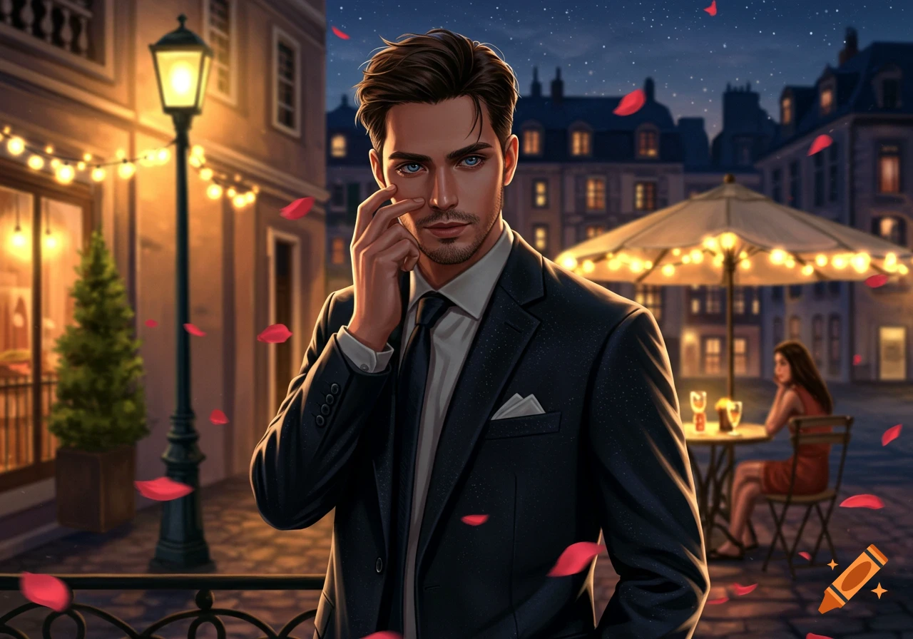 A handsome man in a suit with blue eyes, standing on a romantic, rose-petal-strewn European street at night, with a lit cafe behind him.