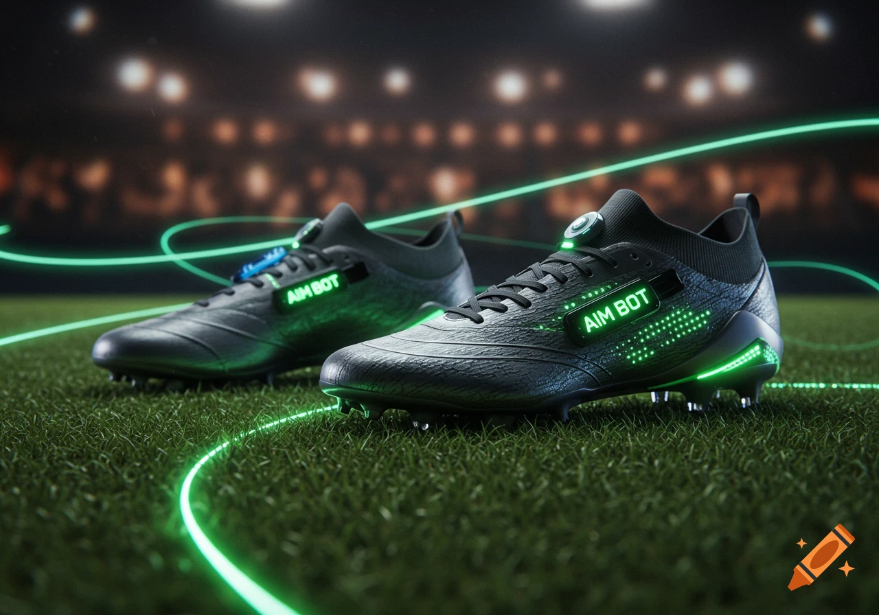 Two black futuristic football cleats with glowing green 'AIM BOT' text and neon light trails on a grassy field at night under stadium lights.