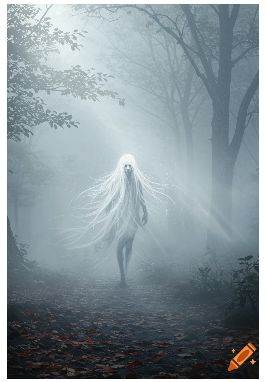 A glowing, ethereal figure with long white hair walks through a misty, dark forest filled with trees and fallen leaves, bathed in light rays.